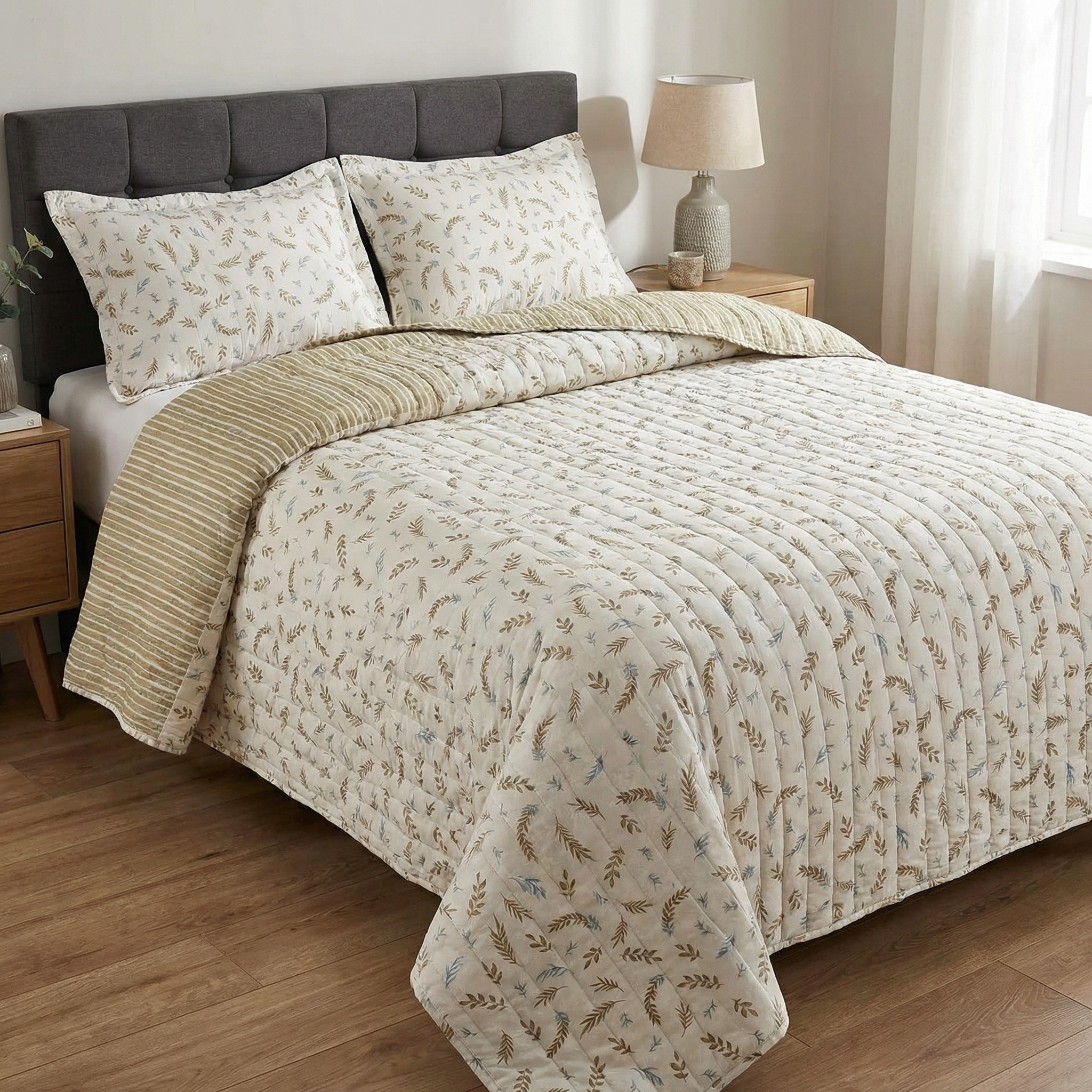 HooshaAI_2026_02_22_193720 روتختی بندری طرح برگ قهوه ای کرم کد813 - Image 1